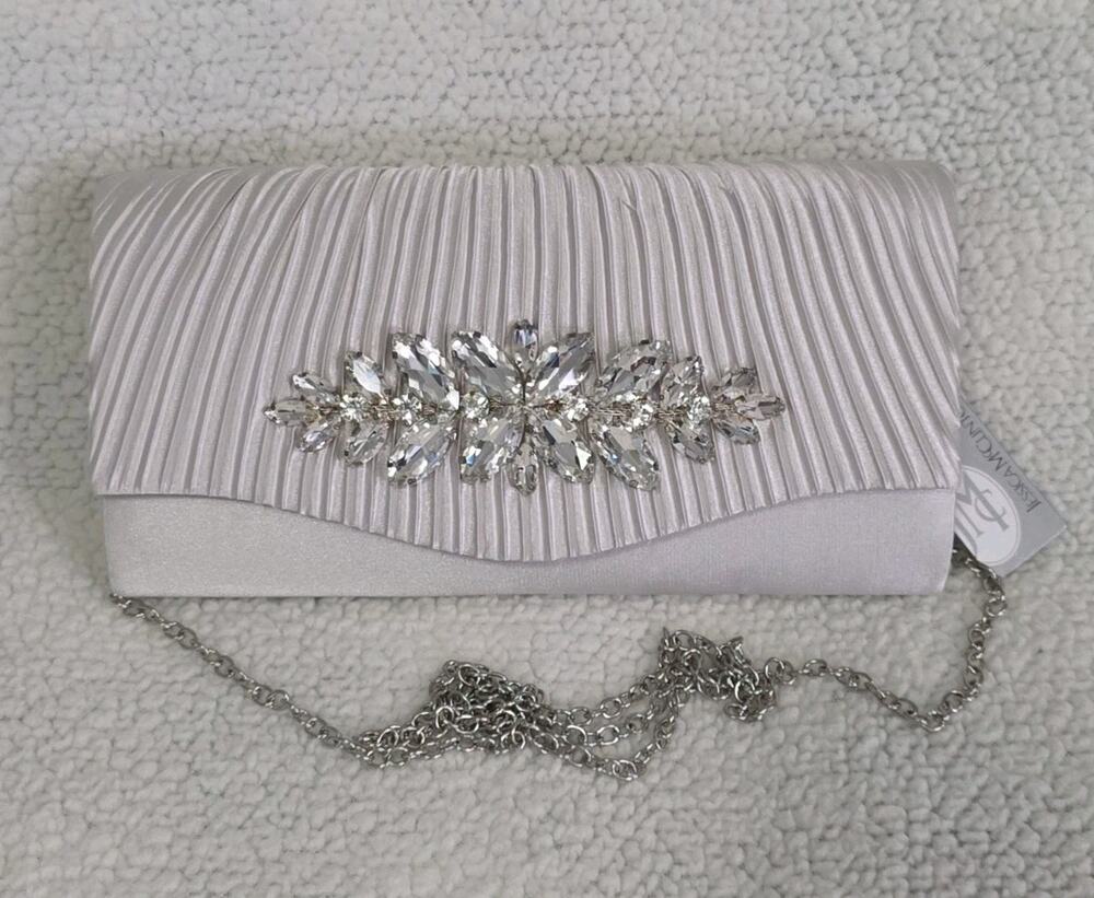 Jessica McClintock Aria Pleated Flap Clutch Silver Satin Rhinestone Embellished